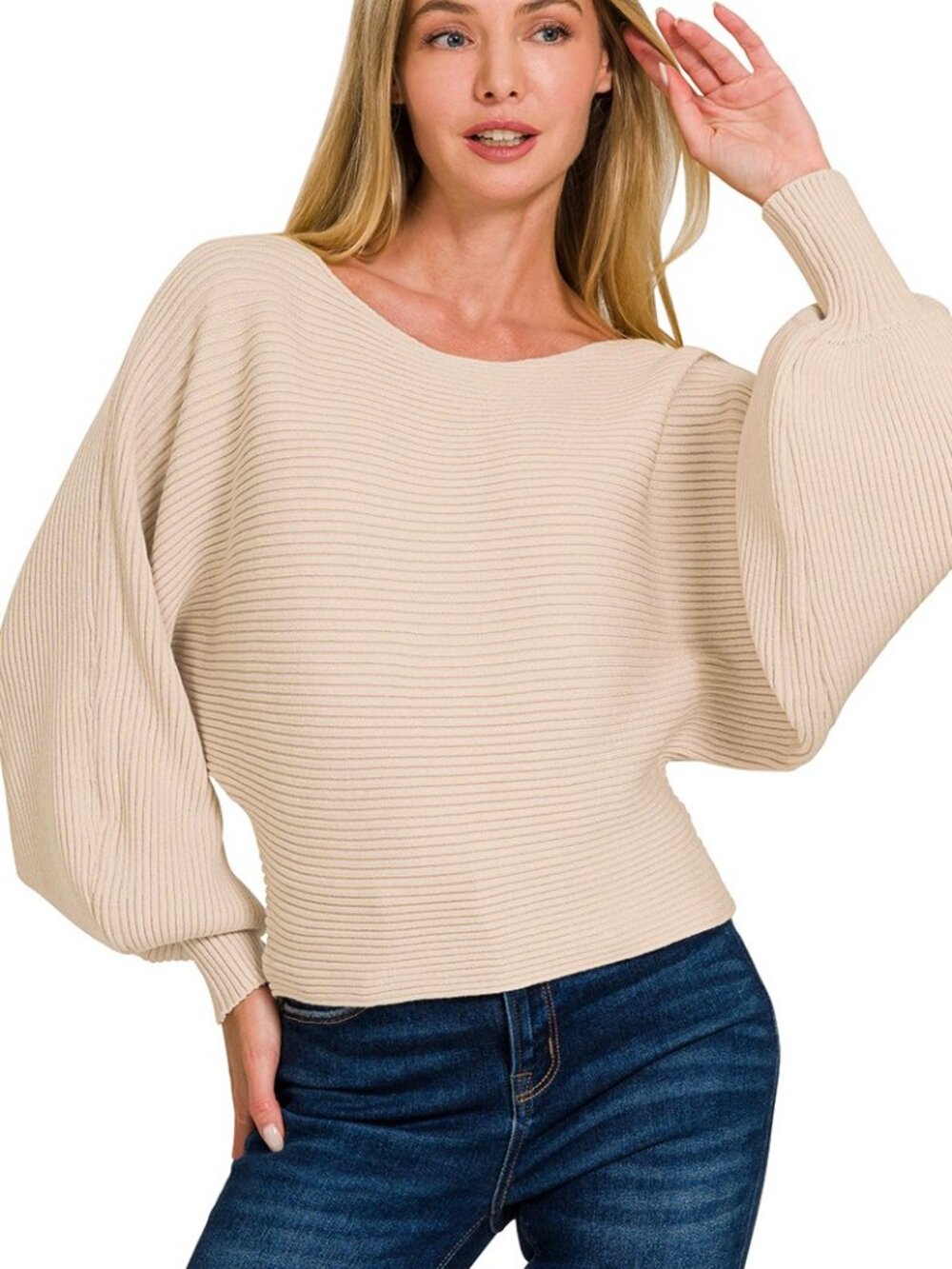 Zenana Boat Neck Balloon Sleeve Sweater